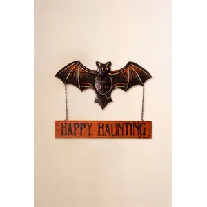 Hand-Hammered Painted Metal Bat with Happy Haunting Sign Wall Hanging 4