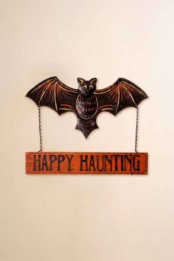 Hand-Hammered Painted Metal Bat with Happy Haunting Sign Wall Hanging