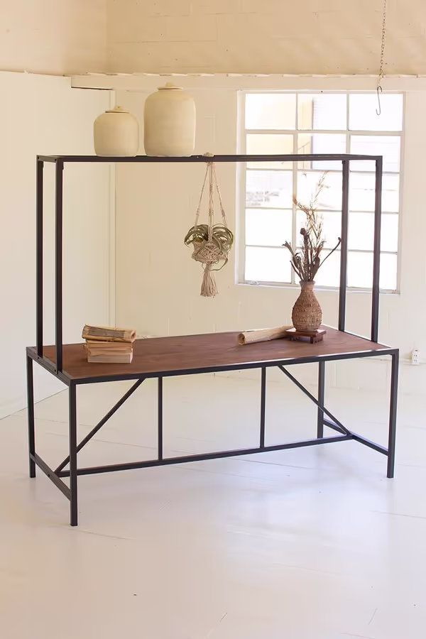 Metal and Wood Store Display Table with Wire Grid Top