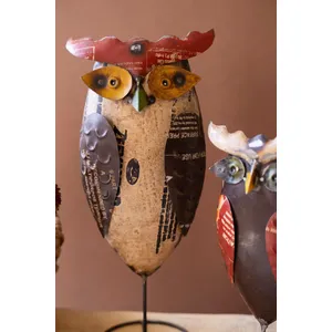 Set of 2 Recycled Iron Owls on Stands 2