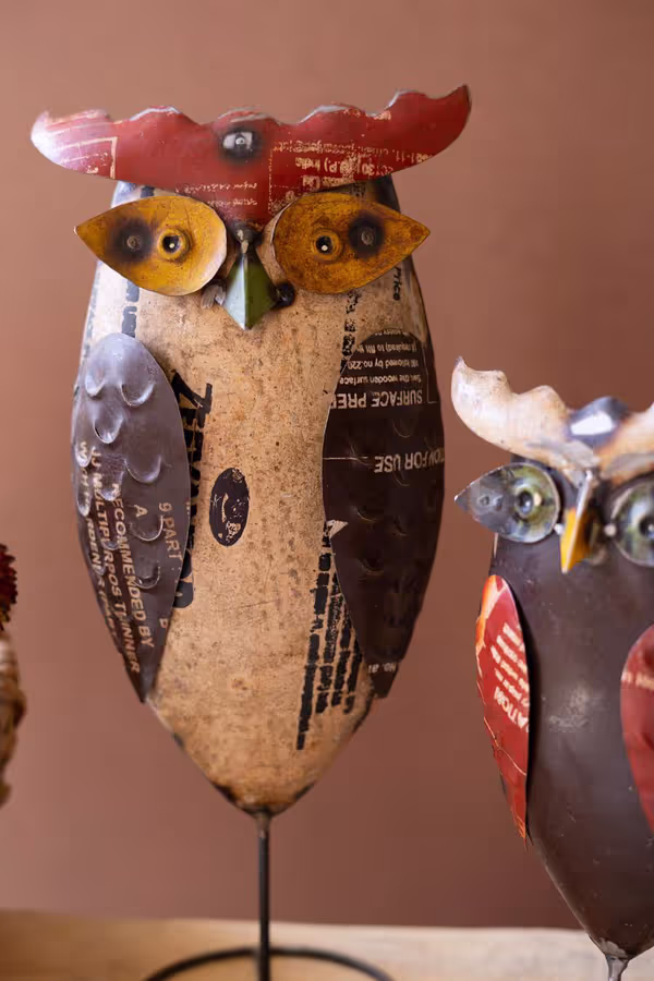 Set of 2 Recycled Iron Owls on Stands