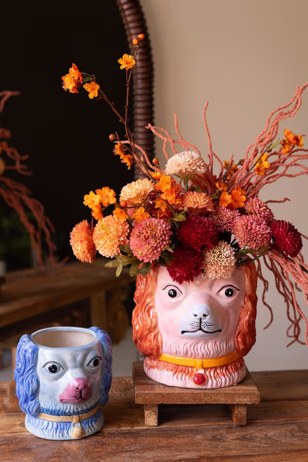 Set of 2 Vintage-Inspired Ceramic Colorful Dog Vases