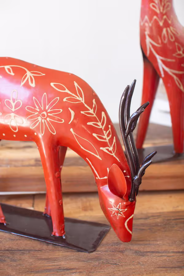 Set of 2 Painted Recycled Metal Folk Reindeer
