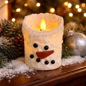 Snowman Bumpy White Moving Flame LED Candle 3in by 4in 1
