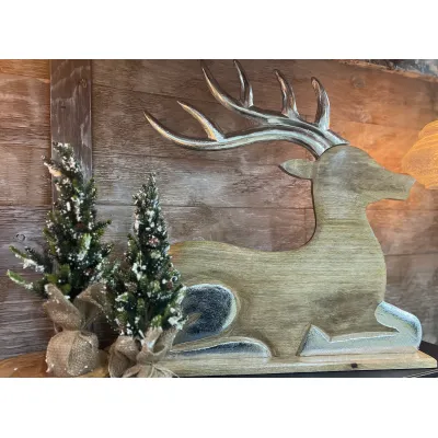 Wooden Laying Deer with Silver Antlers 28x28in