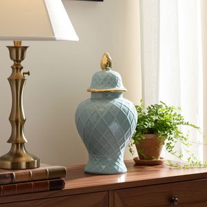 CER, 20"H ROPE TEMPLE JAR, BLUE/GOLD 11