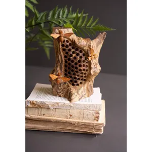 Repurposed Tabletop Wood Sculpture with Hand-Carved Bees 1
