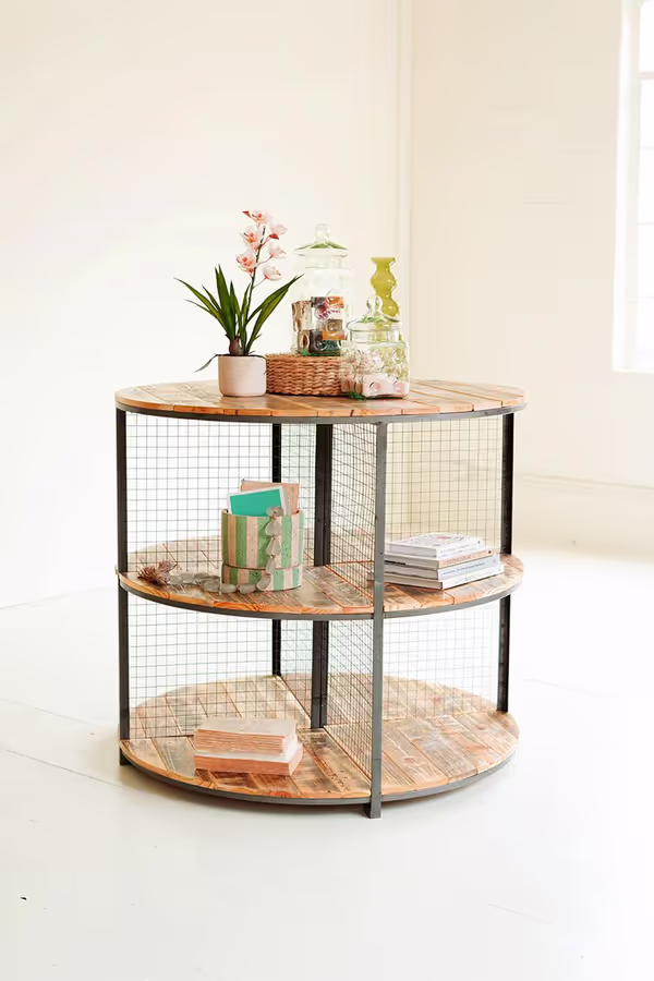 Round Iron and Wood Three-Tiered Display Unit