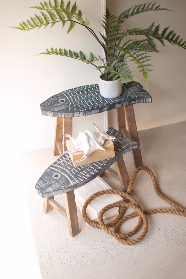 Set of 2 Wooden Fish Stools