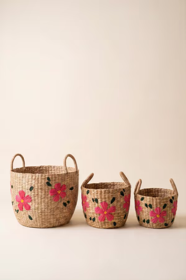 Set of 3 Seagrass Baskets with Embroidered Flowers