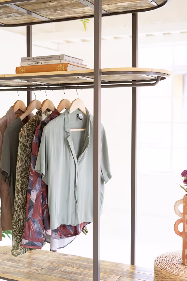 Tall Asymmetrical Iron and Recycled Wood Garment Display