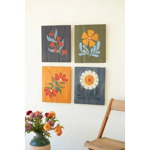 Set of 4 Hand-Painted Florals on Recycled Wood 6