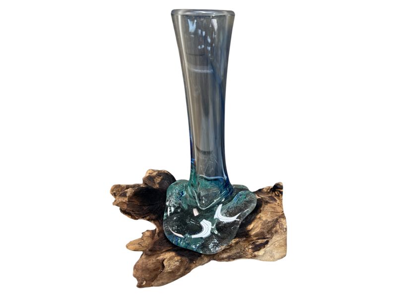 6" x 8" Blue Glass Vase on Driftwood Base 1