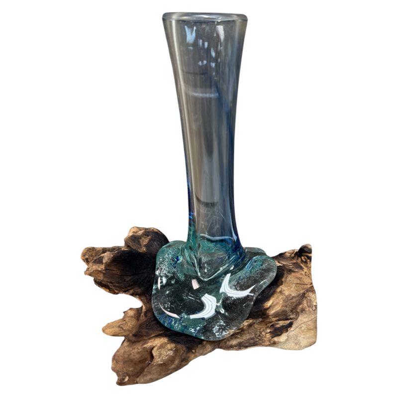 6" x 8" Blue Glass Vase on Driftwood Base