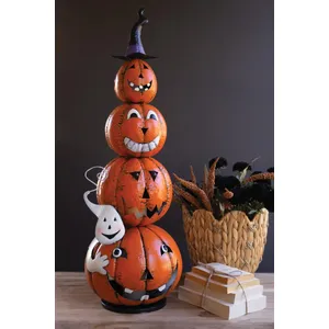 Painted Metal Stack of 4 Jack-O-Lanterns with Witch Hat Luminary 1