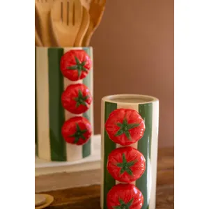 Set of 2 Ceramic Green Striped Vases with Tomatoes 2