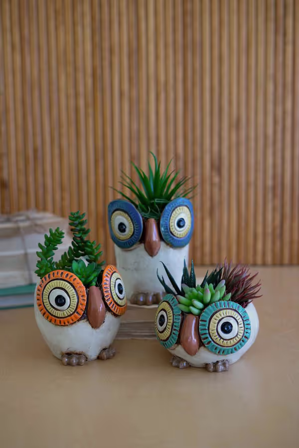 Set of 3 Ceramic Owl Planters