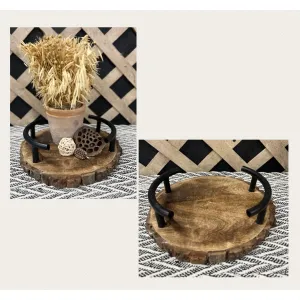 Dark Wood Bark Tray With Aluminum Handle 10x10x3in 4