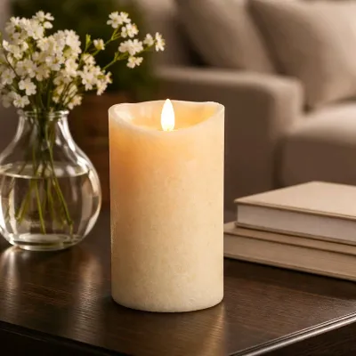 Cream Mottle Moving Flame LED Candle 3in by 6in