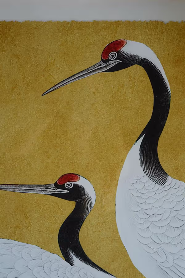 Set of 2 Framed Black, White and Red Herons Prints Under Glass