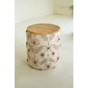 Round Embroidery Accent Table with Mango Wood Top 1
