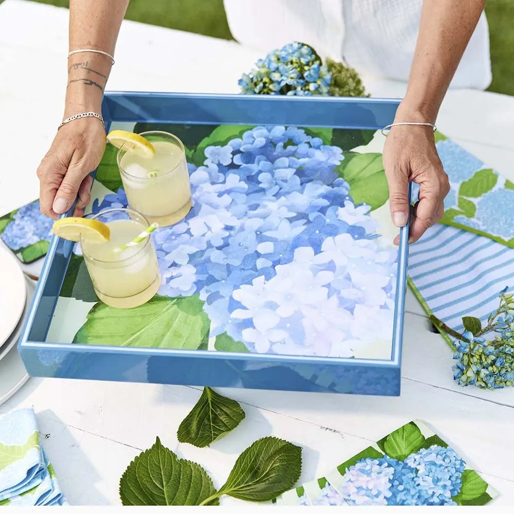 Blue Hydrangea Square Lacquer Serving Tray