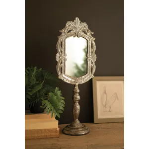 Ornate Rustic Metal Tabletop Mirror with Pedestal Base 1