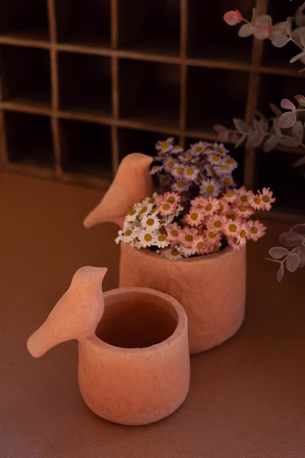 Set of 2 Concrete Bird Planters with Terracotta Finish