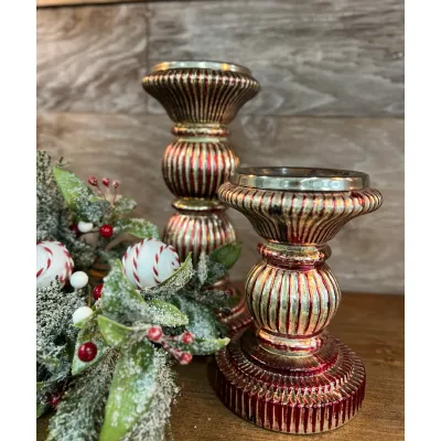 Candy Striped Glass Candle Holder 4.5x9.5in