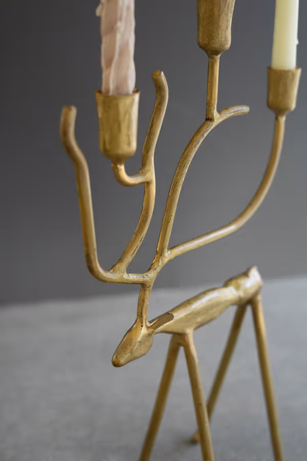 Set of 2 Antique Gold Forged Iron Christmas Deer Candelabras