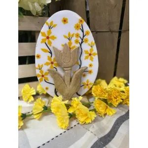 Wooden Egg with Enamel print and a Flower on Base 8.5x6in 1