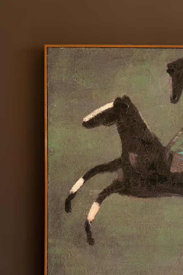 Framed Four Runaway Race Horses Painting
