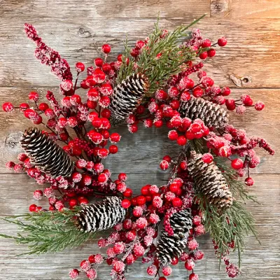 Snow Covered Red Berry Candle Ring 6.5in