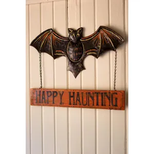 Hand-Hammered Painted Metal Bat with Happy Haunting Sign Wall Hanging 6