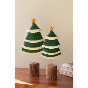 Set of 2 Painted Green and White Metal Christmas Trees on Wooden Bases 1
