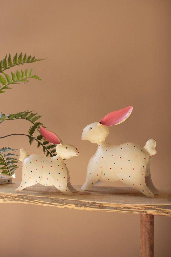 Set of 2 Painted Iron Rabbits with Polka Dots