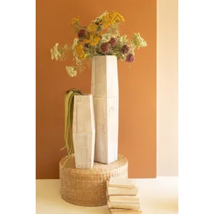 Set of 2 White-Washed Tall Oblong Wooden Vases 3
