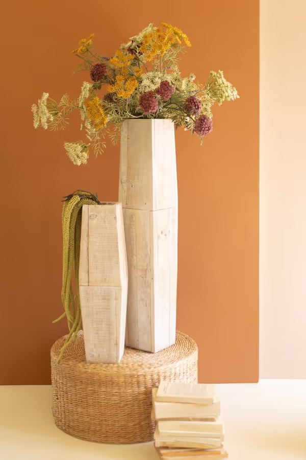 Set of 2 White-Washed Tall Oblong Wooden Vases