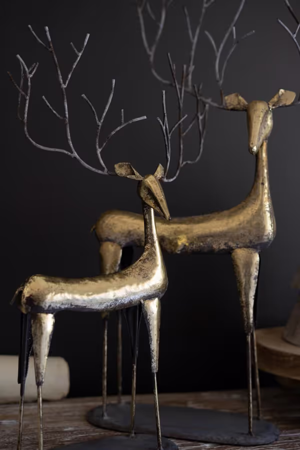 Set of 2 Antique Gold Metal Christmas Deer