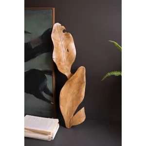 Hand-Carved Teakwood Tabletop Leaves Sculpture 1
