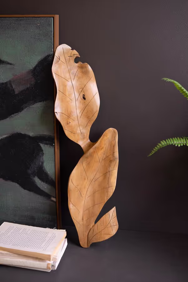 Hand-Carved Teakwood Tabletop Leaves Sculpture