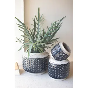 Set of 3 Dark Blue Knobby Ceramic Pots 2
