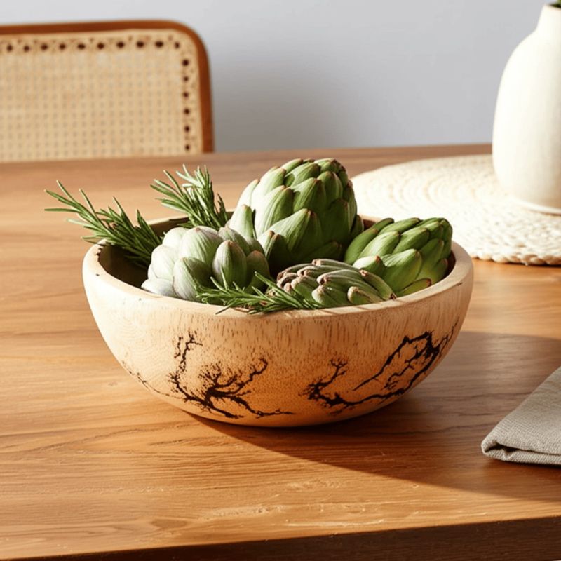10" x 3.5" Acacia Wood Bowl with Electric Burn Patterns