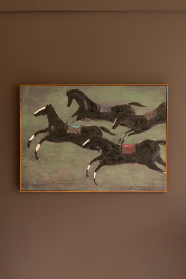 Framed Four Runaway Race Horses Painting