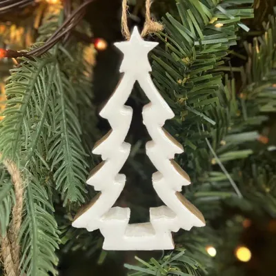 Hollow White Enamel Tree Ornament 4x3in