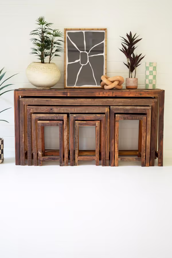 Set of 9 Recycled Wood Display Tables