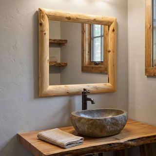 Cedar Log Mitered Corner Mirror - With Glass - Vintage - 32"W x 36"H