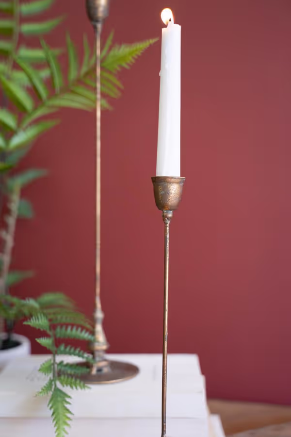 Set of 2 Tall Antique Brass Taper Candle Holders