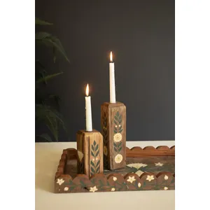 Set of 2 Hand-Painted Recycled Wood Taper Candle Holders 5