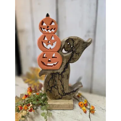 Crackle Ghost With Pumpkins 6x11in